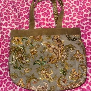 Early 2000s Paisley Purse Embellished with Sequins + Gold, Green, & Pink Designs
